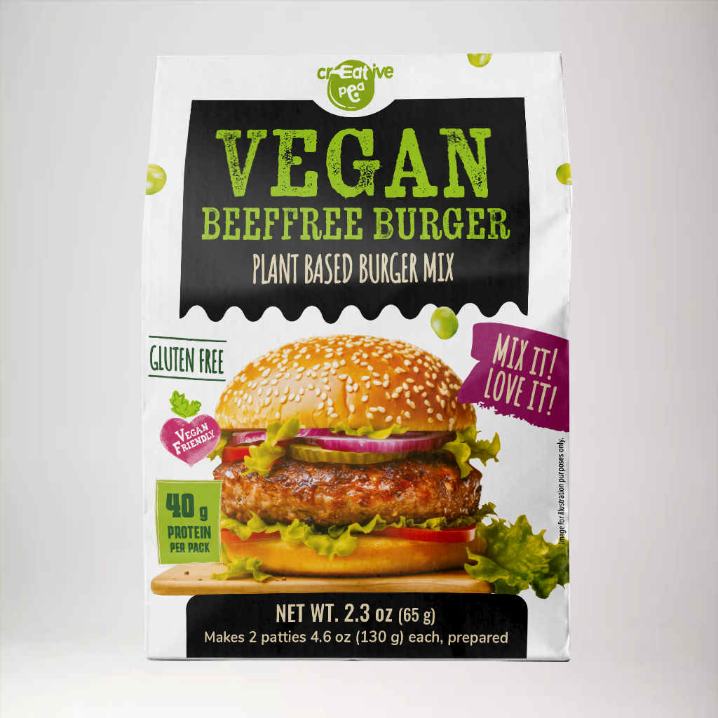 Shelf-stable Creative Pea burger dry mix – prepared food shown as serving suggestion mix 1 pack.