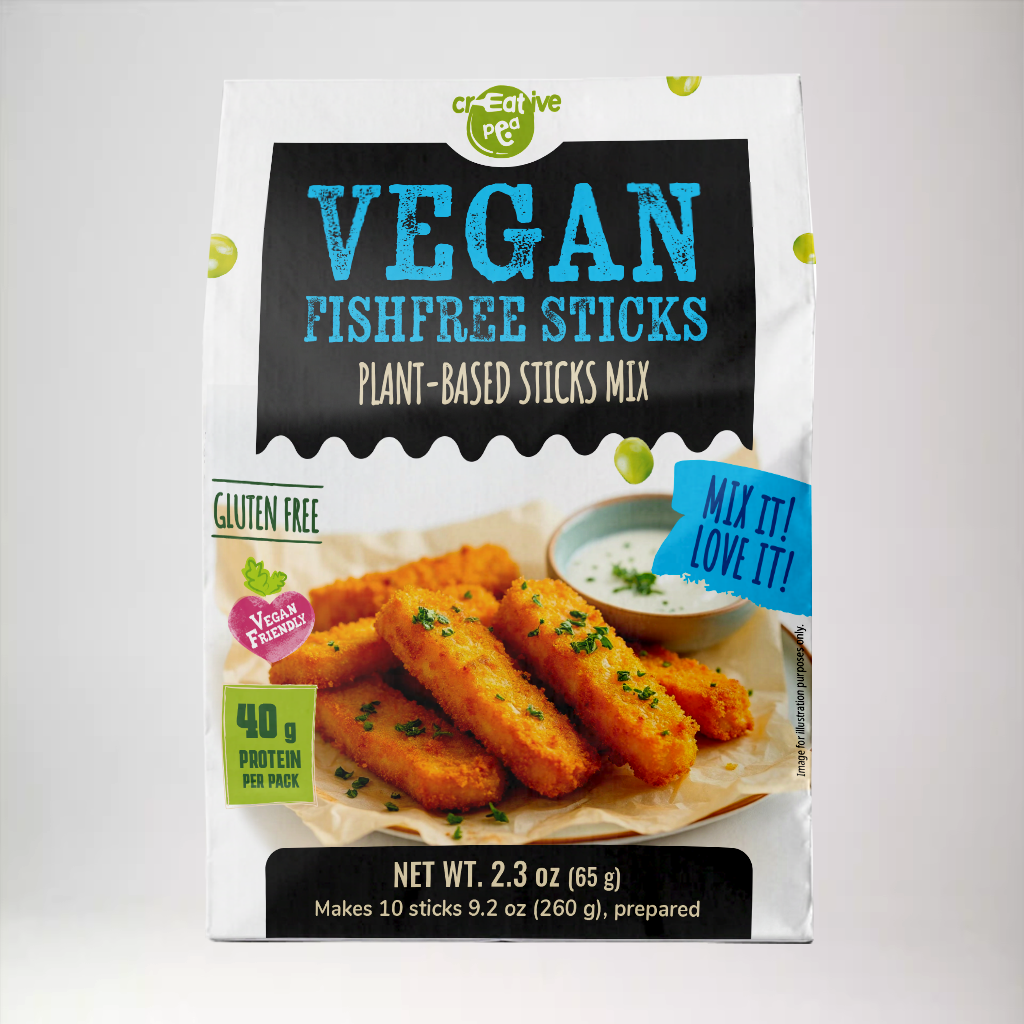 Shelf-stable Creative Pea Fish Sticks dry mix – prepared food shown as serving suggestion - 1 pack