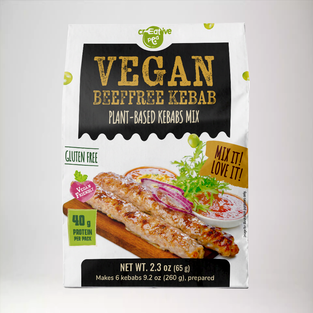 Shelf-stable Creative Pea Kebab dry mix – prepared food shown as serving suggestion - 1 pack front view