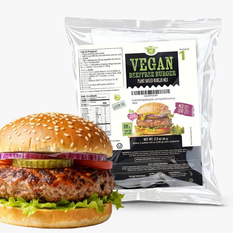 Shelf-stable Creative Pea Burger  dry mix – prepared food shown as serving suggestion - mix 4 pack front packaging