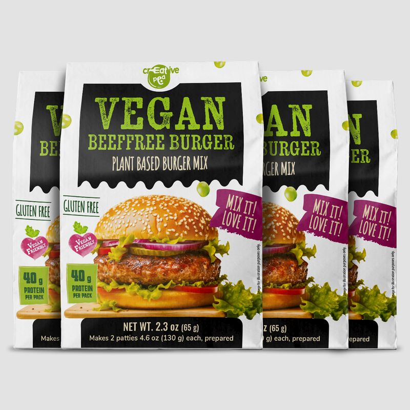 Shelf-stable Creative Pea Burger  dry mix – prepared food shown as serving suggestion - mix 4 pack front packaging