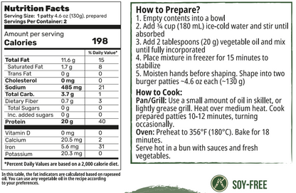 Plant-based burger powder nutrition facts details by Creative Pea
