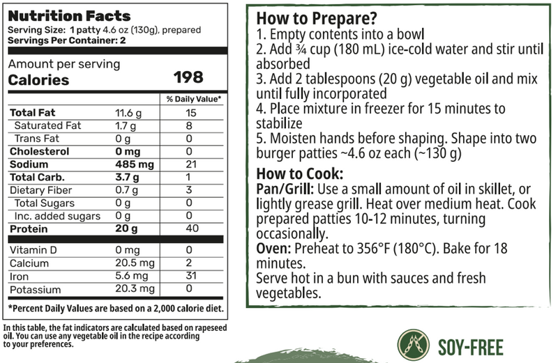 Shelf-stable Creative Pea Burger dry mix – prepared food shown as serving suggestion - 8 pack
