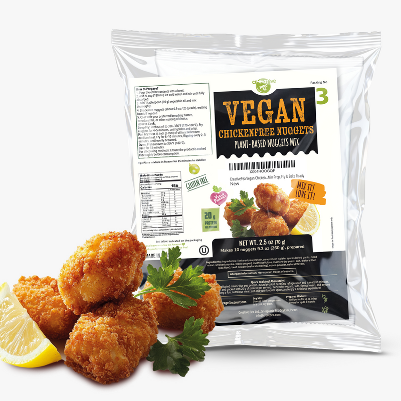 Shelf-stable Creative Pea Chicken Nuggets dry mix – prepared food shown as serving suggestion - 4 pack front view