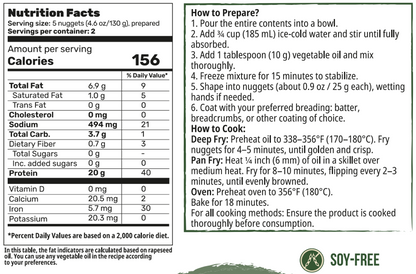Plant-based chicken nuggets powder nutrition facts details by Creative Pea