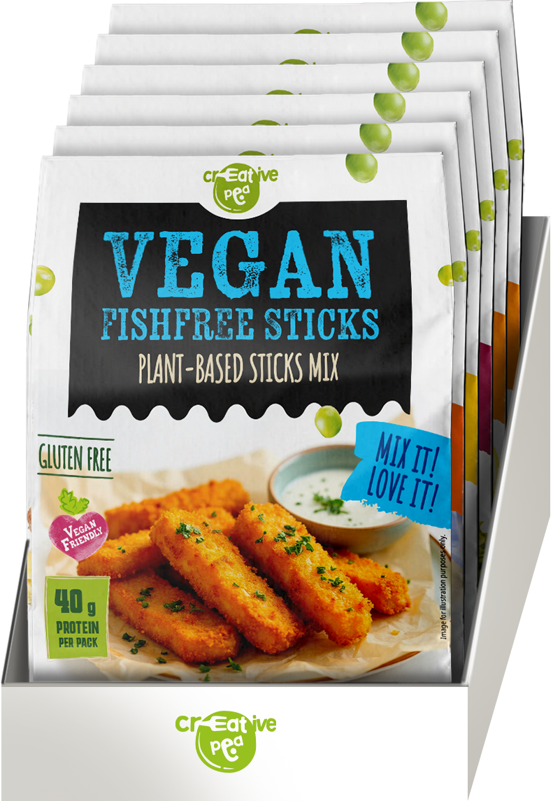 Shelf-stable Creative Pea Fish Sticks dry mix – prepared food shown as serving suggestion - 8 pack