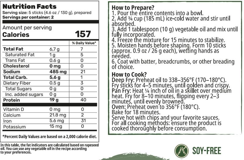 Shelf-stable Creative Pea Fish Sticks dry mix – prepared food shown as serving suggestion - 8 pack