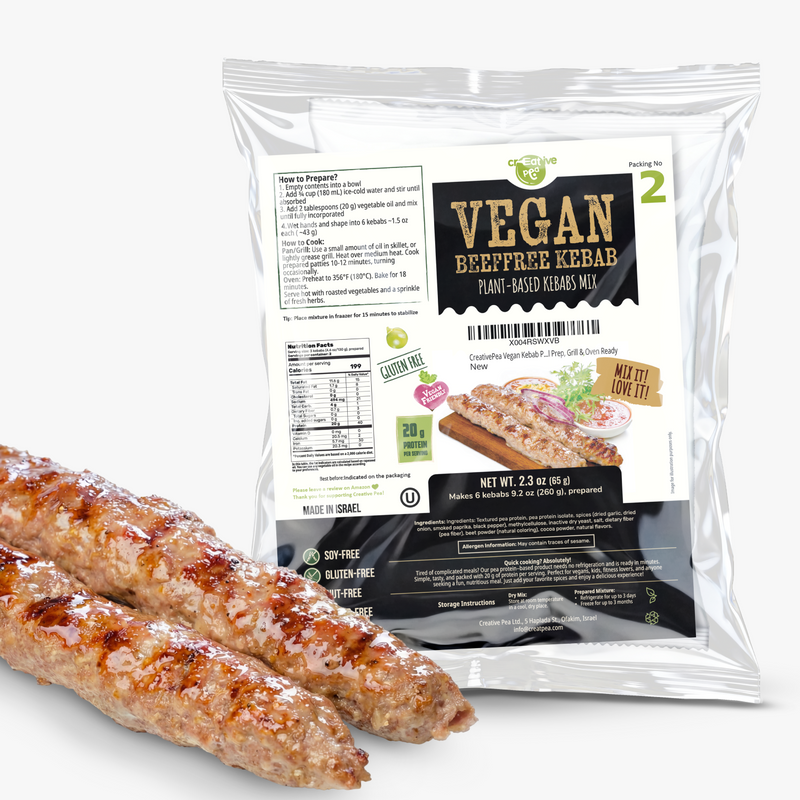 Shelf-stable Creative Pea Kebab dry mix – prepared food shown as serving suggestion - 4 pack front view