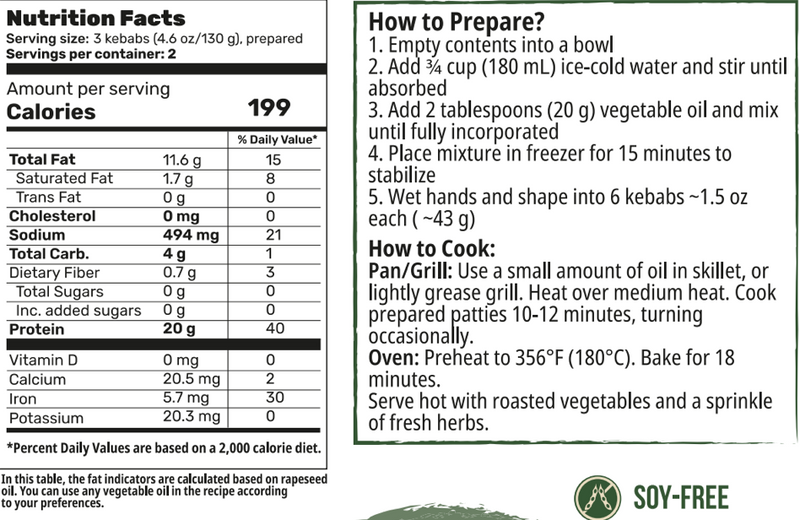 Shelf-stable Creative Pea Kebab dry mix – prepared food shown as serving suggestion - 8 pack