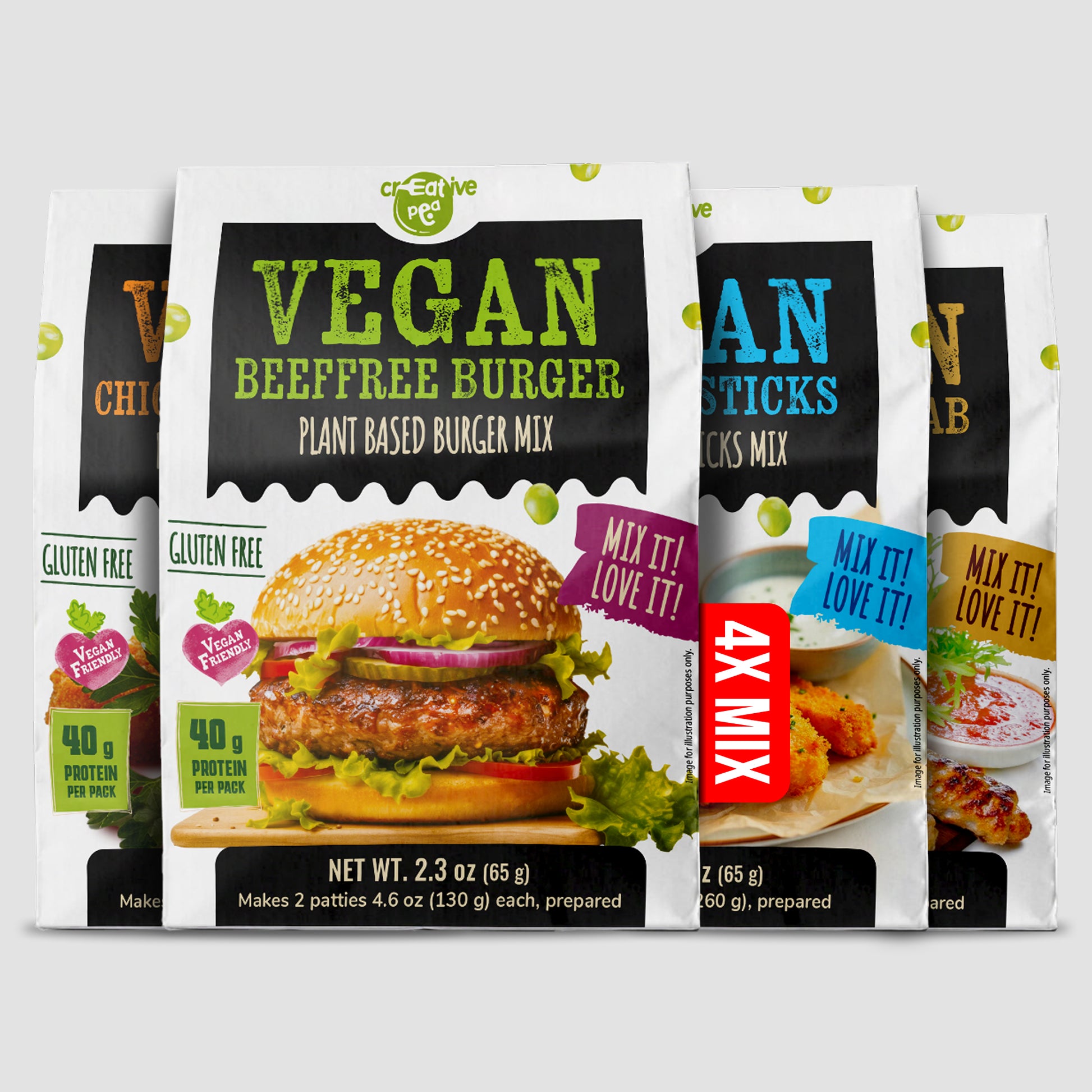 Creative Pea Pea Protein Mix 4-pack Variety Flavors, Burger, Chicken, Kebab, Fish front view