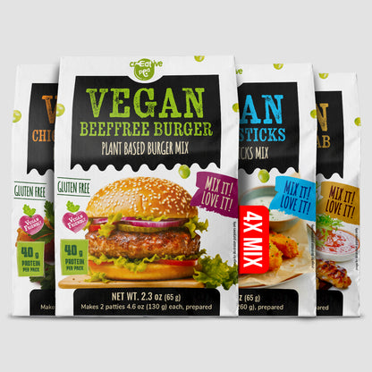 Creative Pea Pea Protein Mix 4-pack Variety Flavors, Burger, Chicken, Kebab, Fish front view