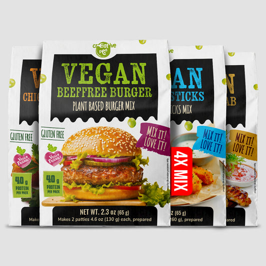 Creative Pea Pea Protein Mix 4-pack Variety Flavors, Burger, Chicken, Kebab, Fish front view