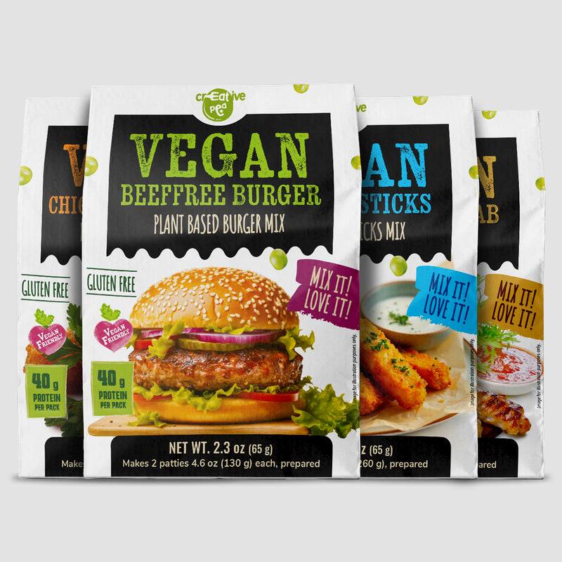 Shelf-stable Creative Pea Variety Flavors, Burger, Chicken, Kebab dry mix – prepared food shown as serving suggestion - 4 pack  