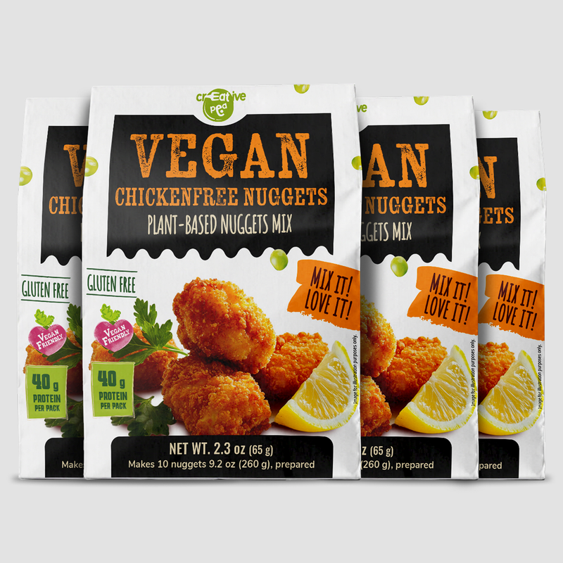 Shelf-stable Creative Pea Chicken Nuggets dry mix – prepared food shown as serving suggestion - 4 pack front view