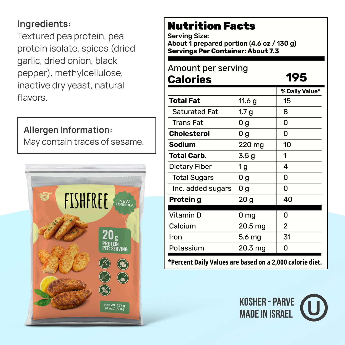 Vegan Fish Plant Based Meat (New Improved Blend, 227g) – High-Protein Pea Protein, Keto-Friendly, Gluten-Free & Sustainable - 1 Pack